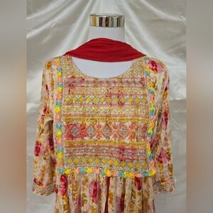 Floral Embroidered Dress with Red Scarf